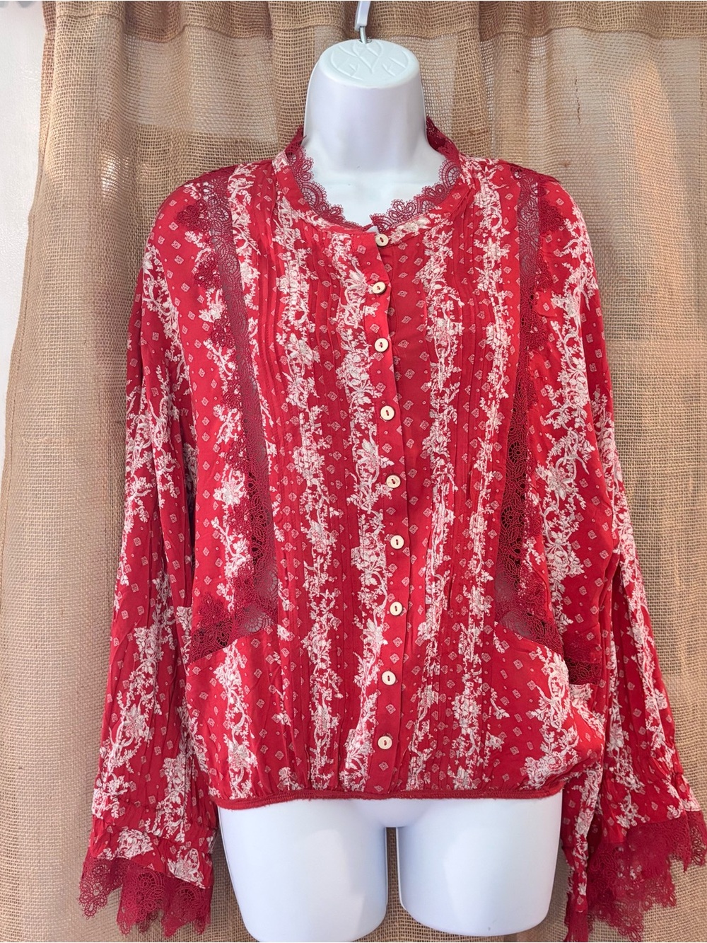 Free People Red Floral Lace-Trim Button-Up Blouse
